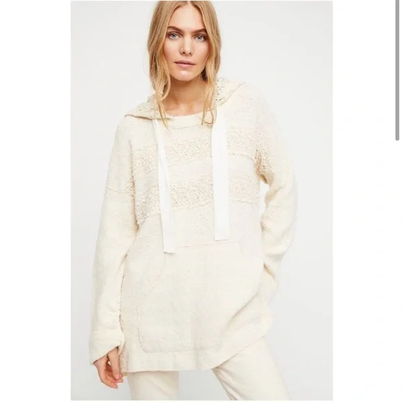 Free People NWT Candy Crochet Hoodie Sweater Pullover M Cream